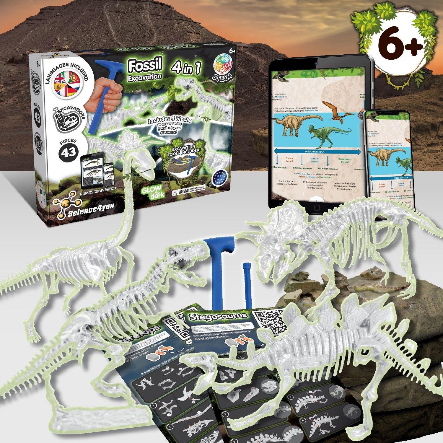 4-in-1 Fossil Excavations - Glow in the Dark